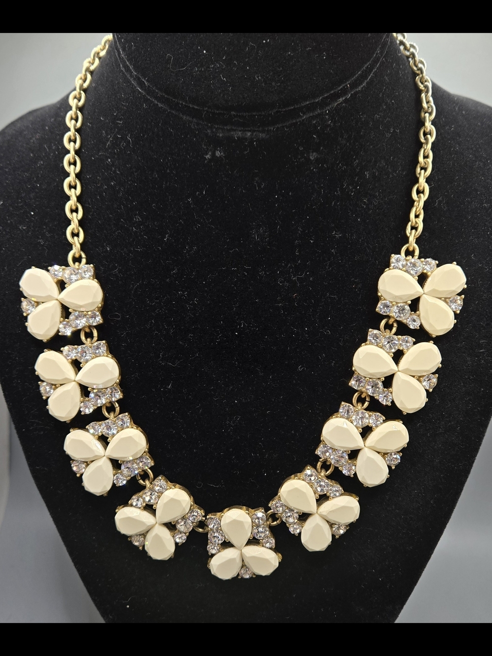 J. Crew Cream Floral Necklace w/ Clear Glass Crystals 16" + 2 ½" Extender
